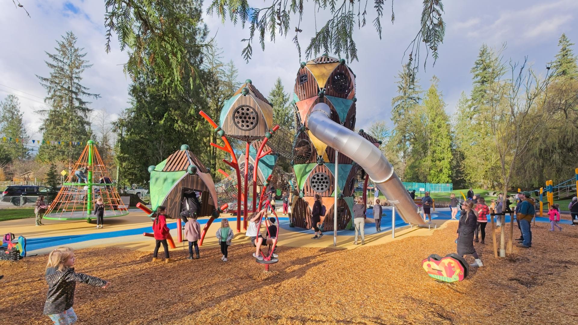 Large climbing tower structure at new maple ridge park playground